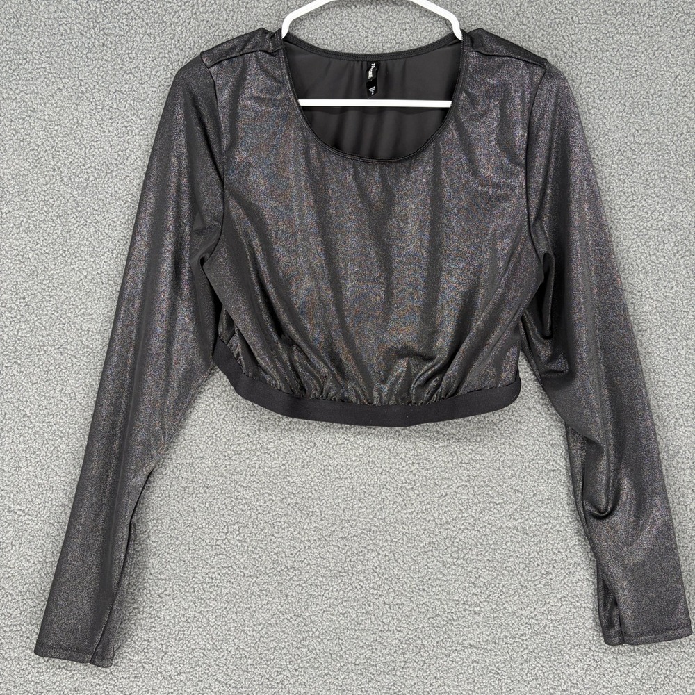Torrid Curve Womens Plus Size 2 Metallic Shimmer Long Sleeve Crop Top Charcoal